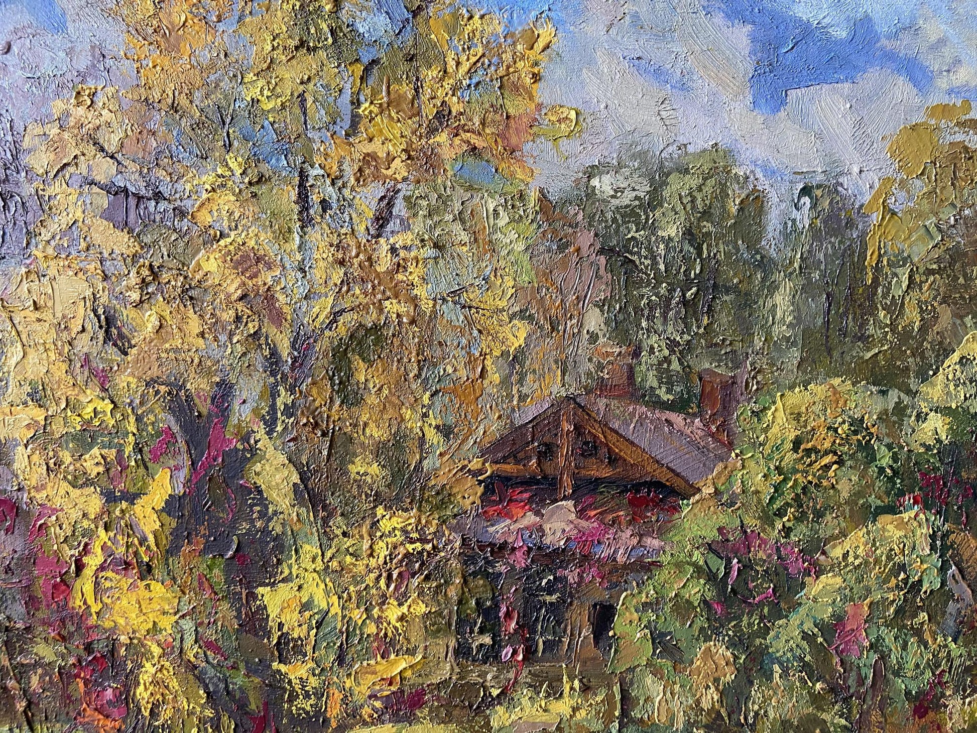 Oil painting Autumn in the village by Gaponchenko Ivan Ivanovich: rustic cabin amid autumn trees