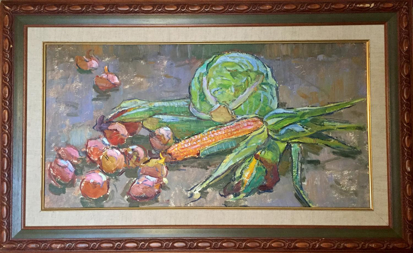Oil painting by Chehodar Vasyl: still life with corn, cabbage, onions