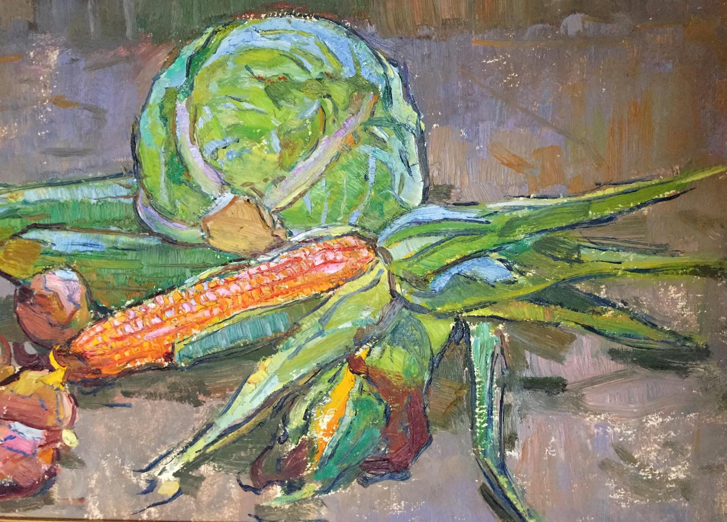 Vibrant impressionistic oil painting of green cabbage and corn by Chehodar Vasyl