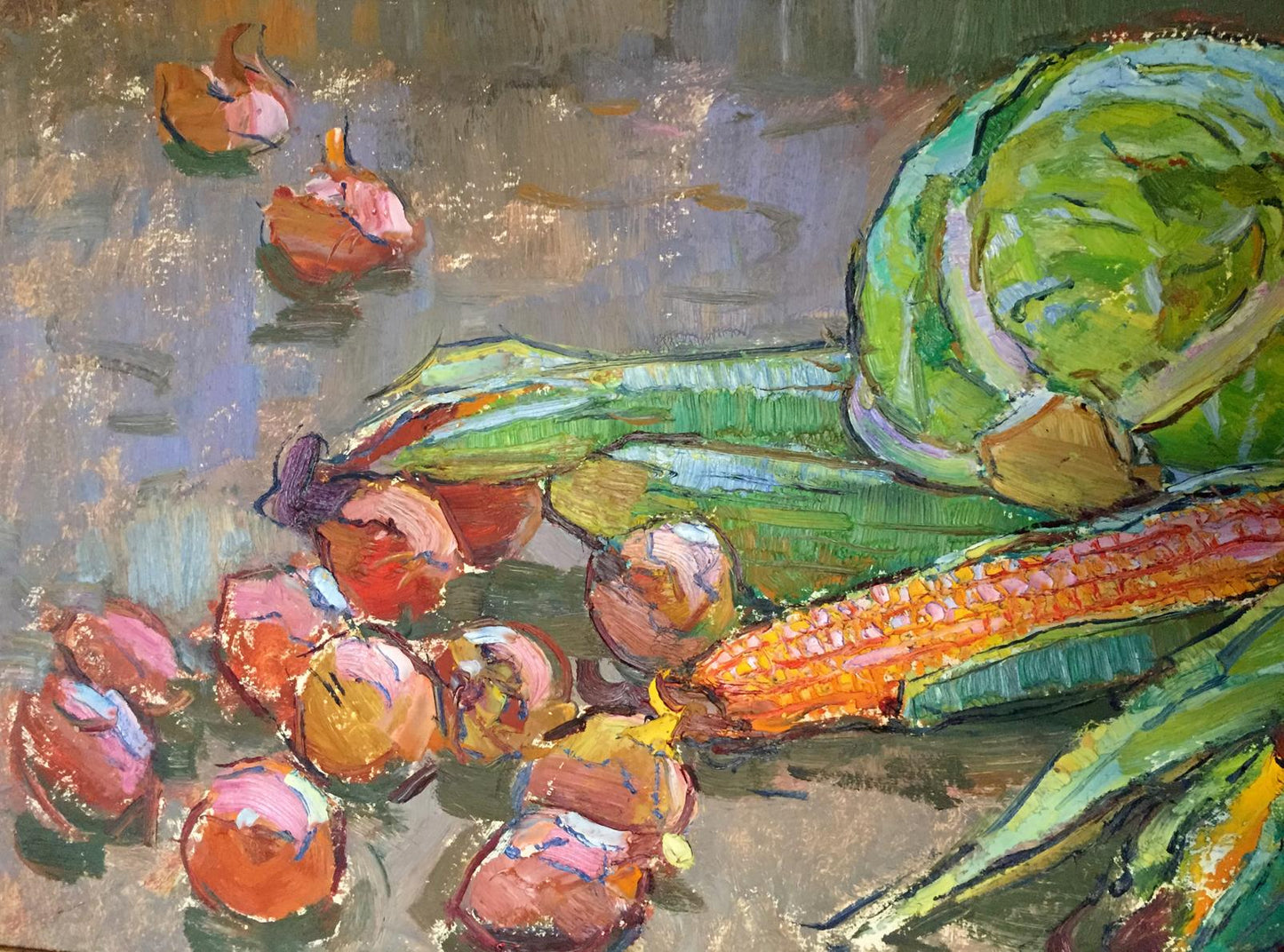 Oil painting Still life with corn by Chehodar Vasyl: onions, corn, cabbage