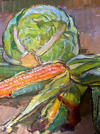 Vibrant impressionistic oil painting of green cabbage by Chehodar Vasyl