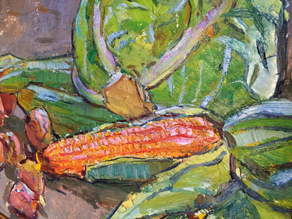 Oil painting Still life with corn by Chehodar Vasyl: vibrant impressionistic ripe orange corn cob
