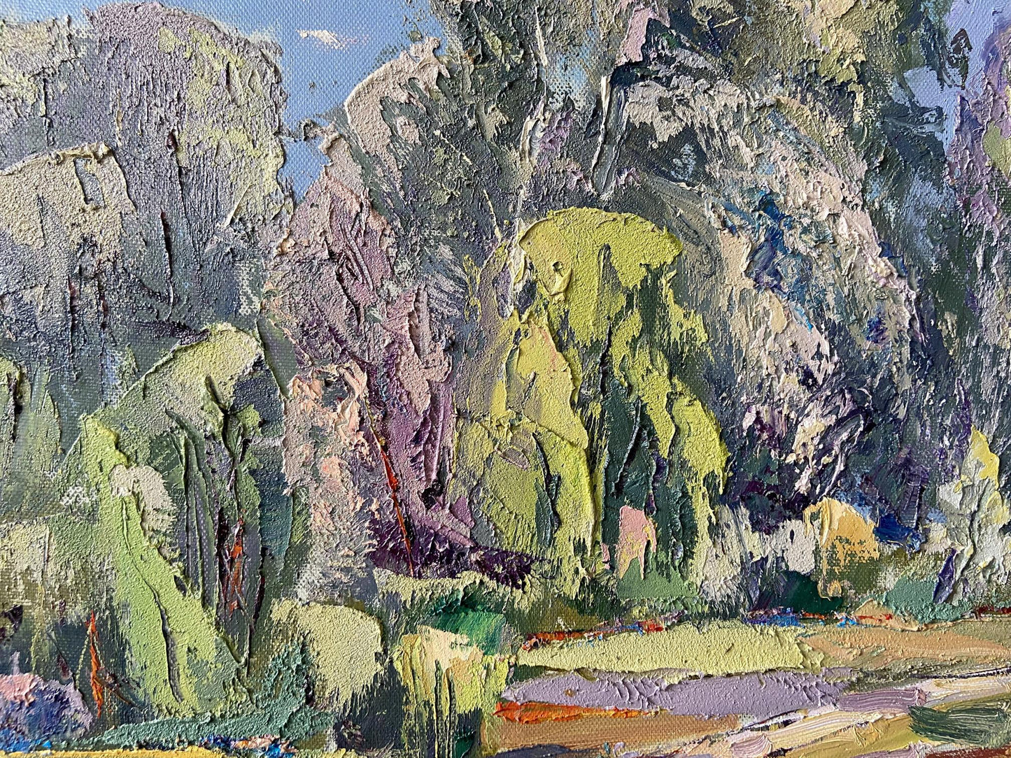 Textured impressionist oil painting by Sunny Gaponchenko Ivan Ivanovich, rocky landscape in greens, purples, blues