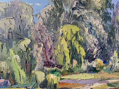 Textured impressionist oil painting by Sunny Gaponchenko Ivan Ivanovich, rocky landscape in greens, purples, blues