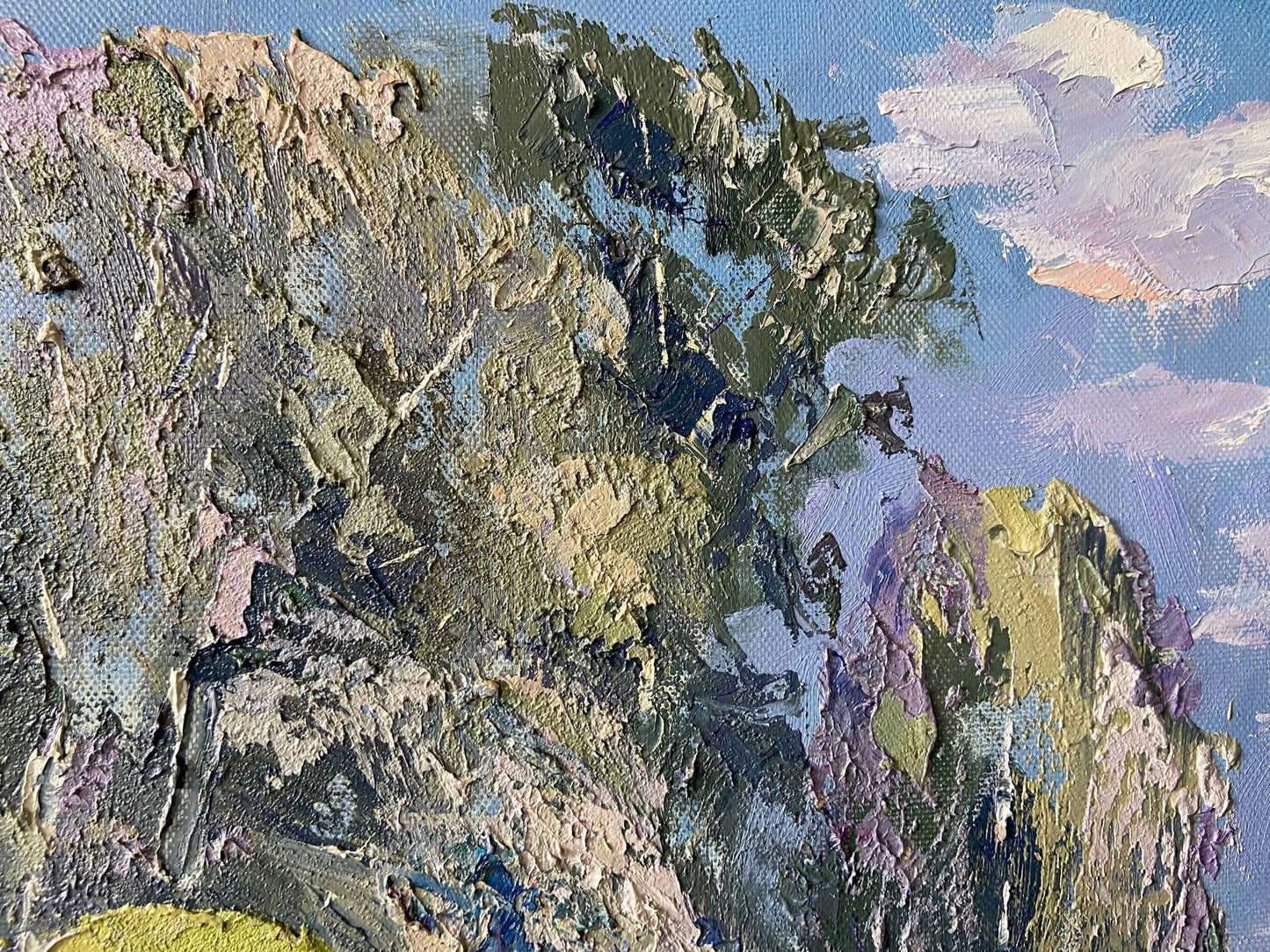 Textured impasto oil painting by Sunny Gaponchenko of mountainous landscape