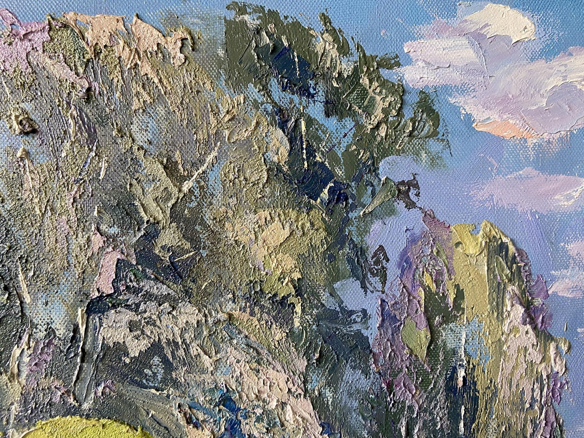 Textured impasto oil painting by Sunny Gaponchenko of mountainous landscape