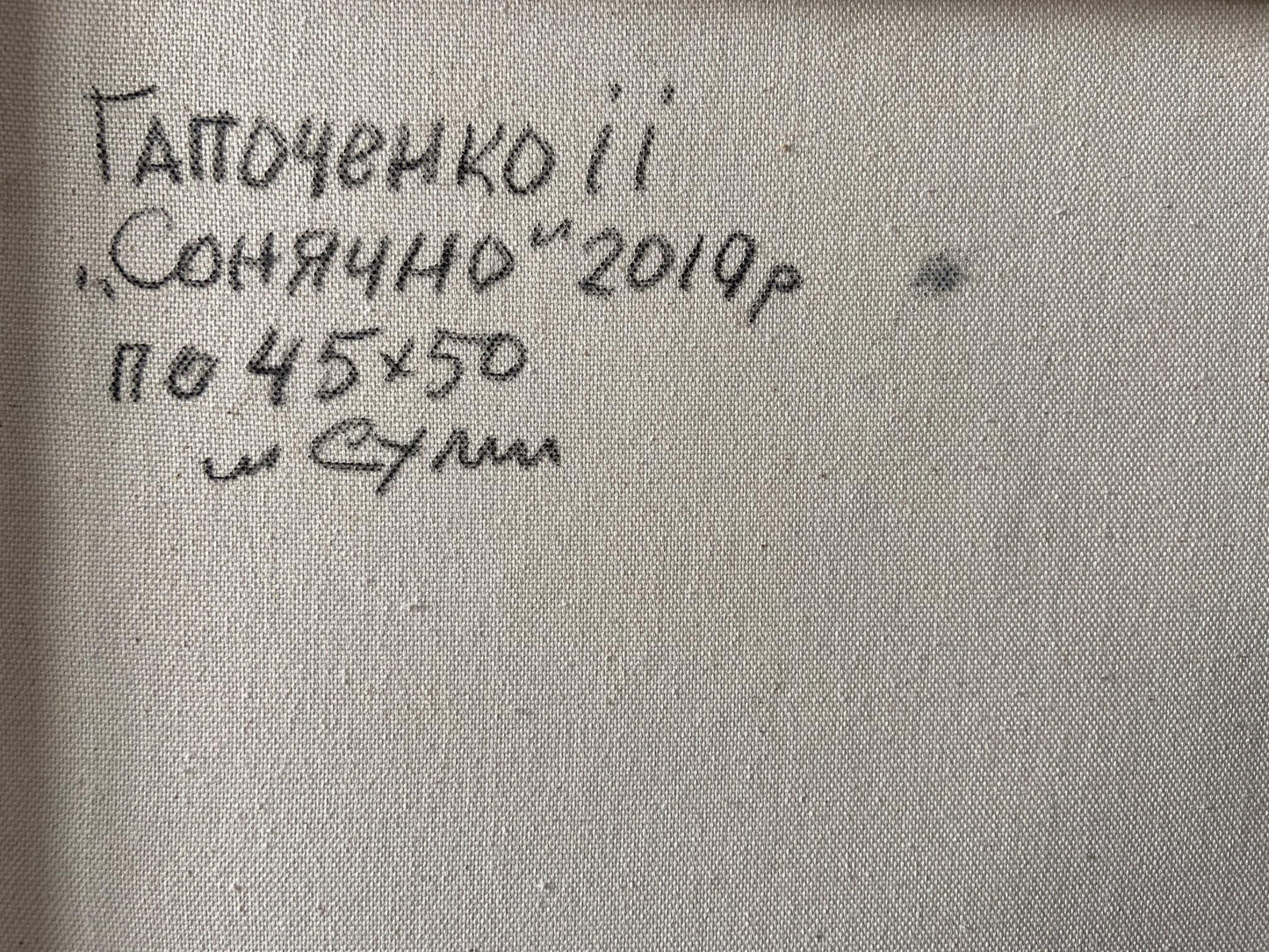 Back of Sunny Gaponchenko Ivan Ivanovich oil painting with handwritten inscription on gray canvas