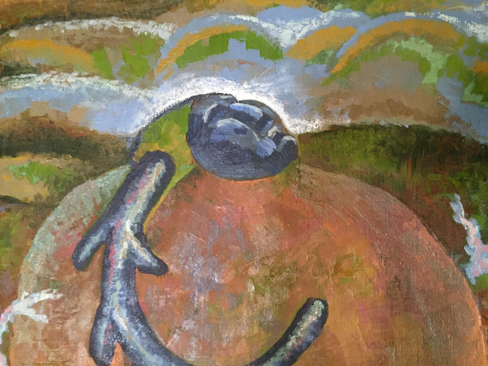 Dark glossy black fist atop orange-brown form in Tabalah-urasa V. Kudrin oil painting