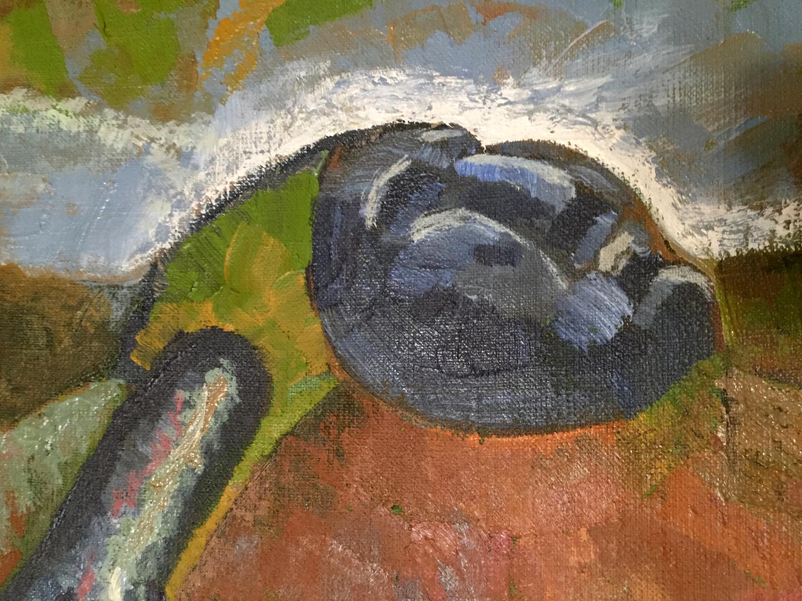 Oil painting Tabalah-urasa by V. Kudrin: glossy black hat with blue highlights