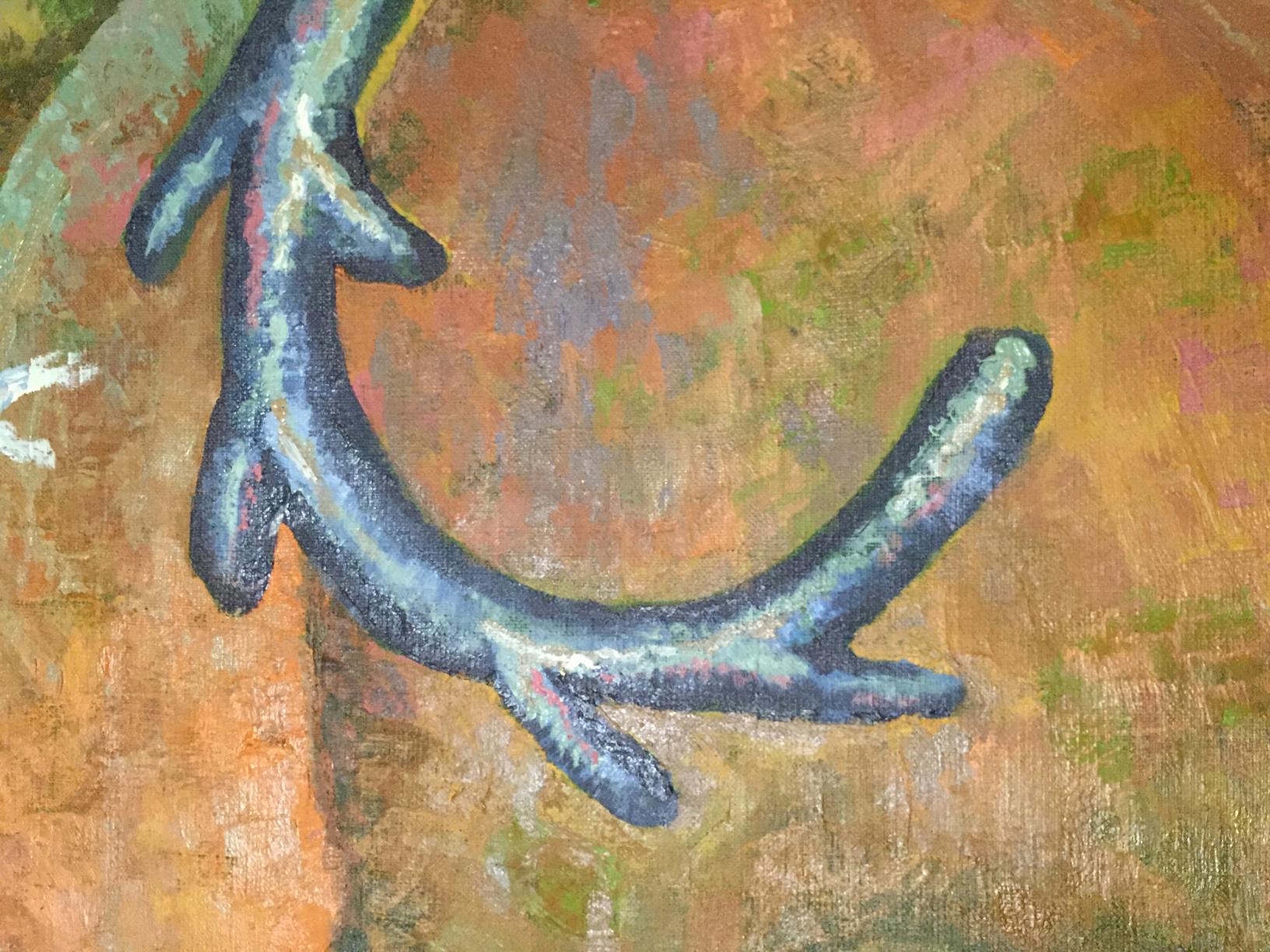 Oil painting Tabalah-urasa by V. Kudrin: dark blue-gray branch on earthy background