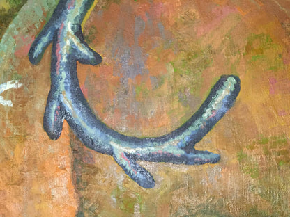Oil painting Tabalah-urasa by V. Kudrin: dark blue-gray branch on earthy background