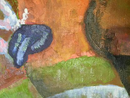 Oil painting Tabalah-urasa by V. Kudrin with blue, green brushstrokes on orange