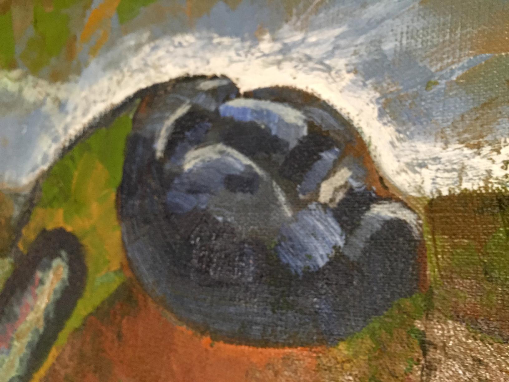 Oil painting Tabalah-urasa by V. Kudrin: dark blue textured fruit on green orange hues