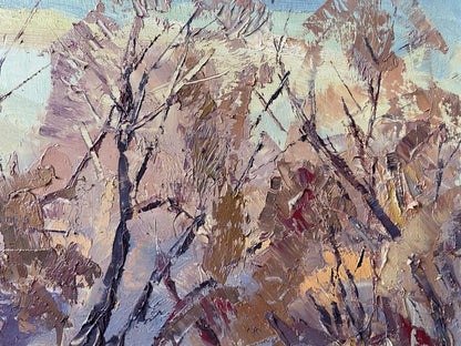 Impasto oil painting of Evening on Vorskla River by Gaponchenko, bare trees