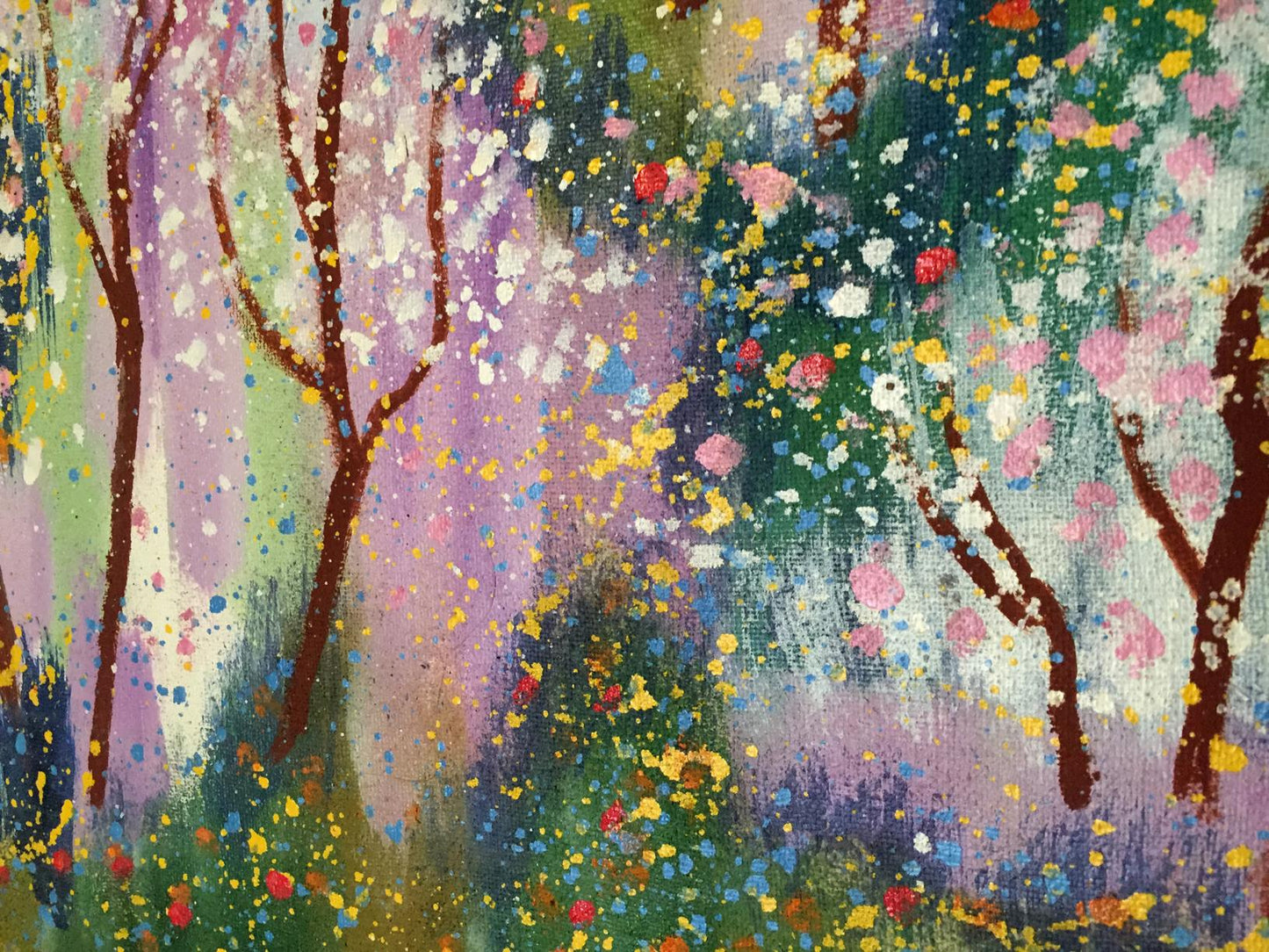 Oil painting Pavasaris Danne Eric Edmundovich with brown tree trunks and vibrant splattered colors