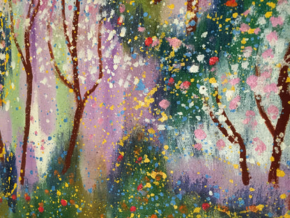Oil painting Pavasaris Danne Eric Edmundovich with brown tree trunks and vibrant splattered colors
