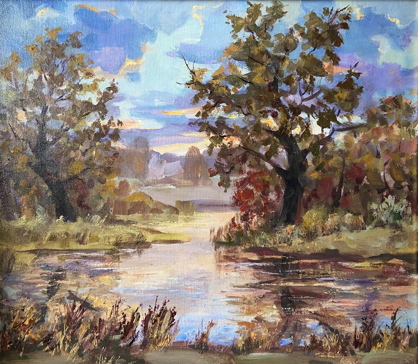 Oil painting Autumn evening by Gaponchenko Ivan Ivanovich, vibrant foliage river scene