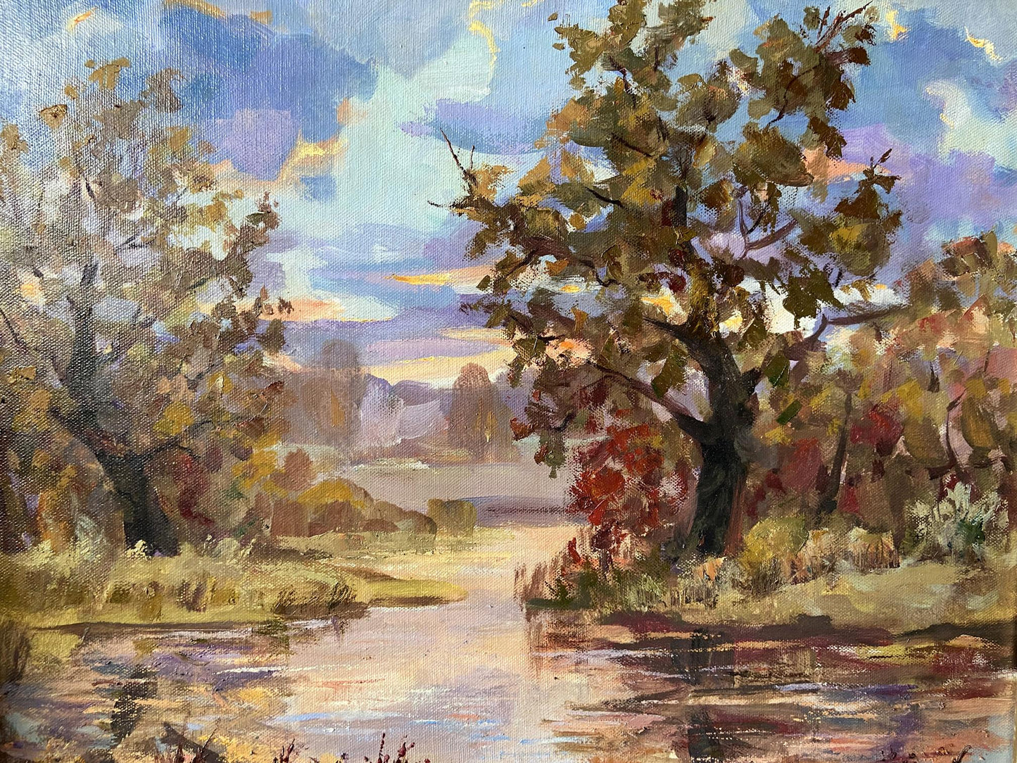 Autumn evening oil painting by Gaponchenko Ivan Ivanovich, golden trees in river reflection