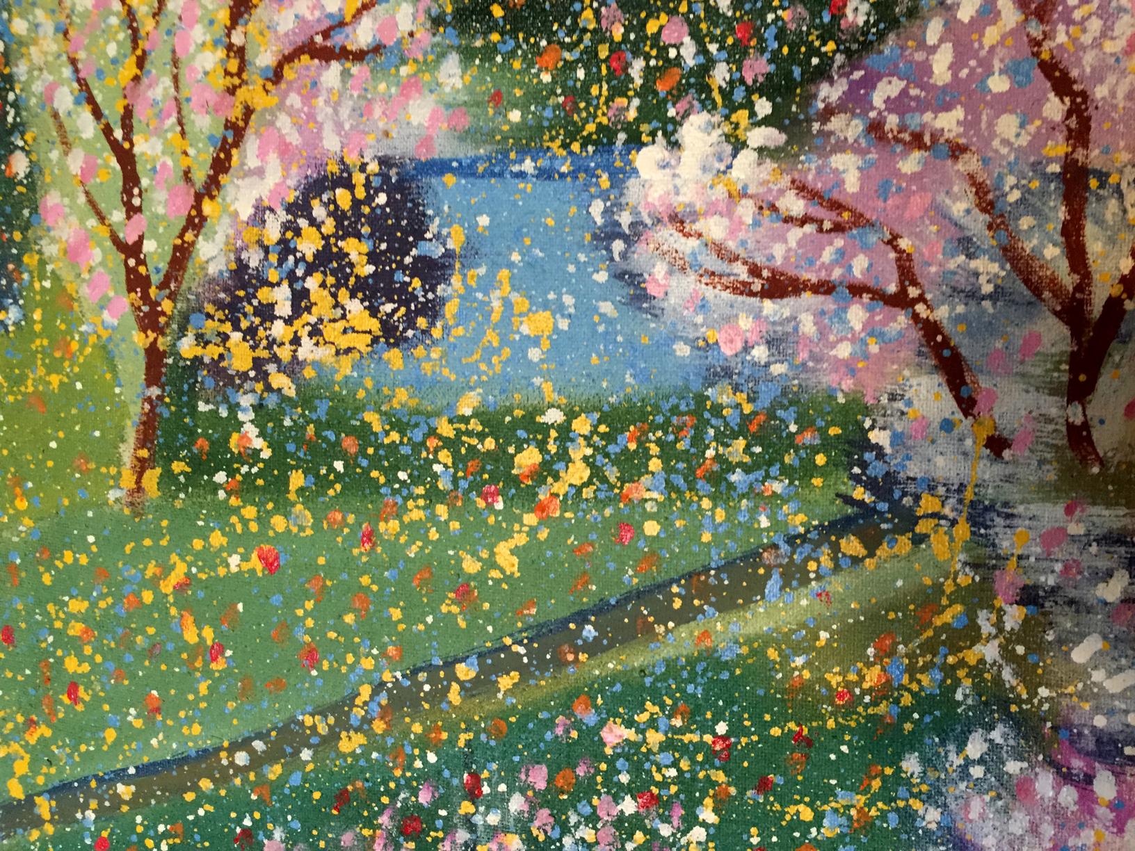 Oil painting Pavasaris Danne Eric Edmundovich with pink trees and blue sky