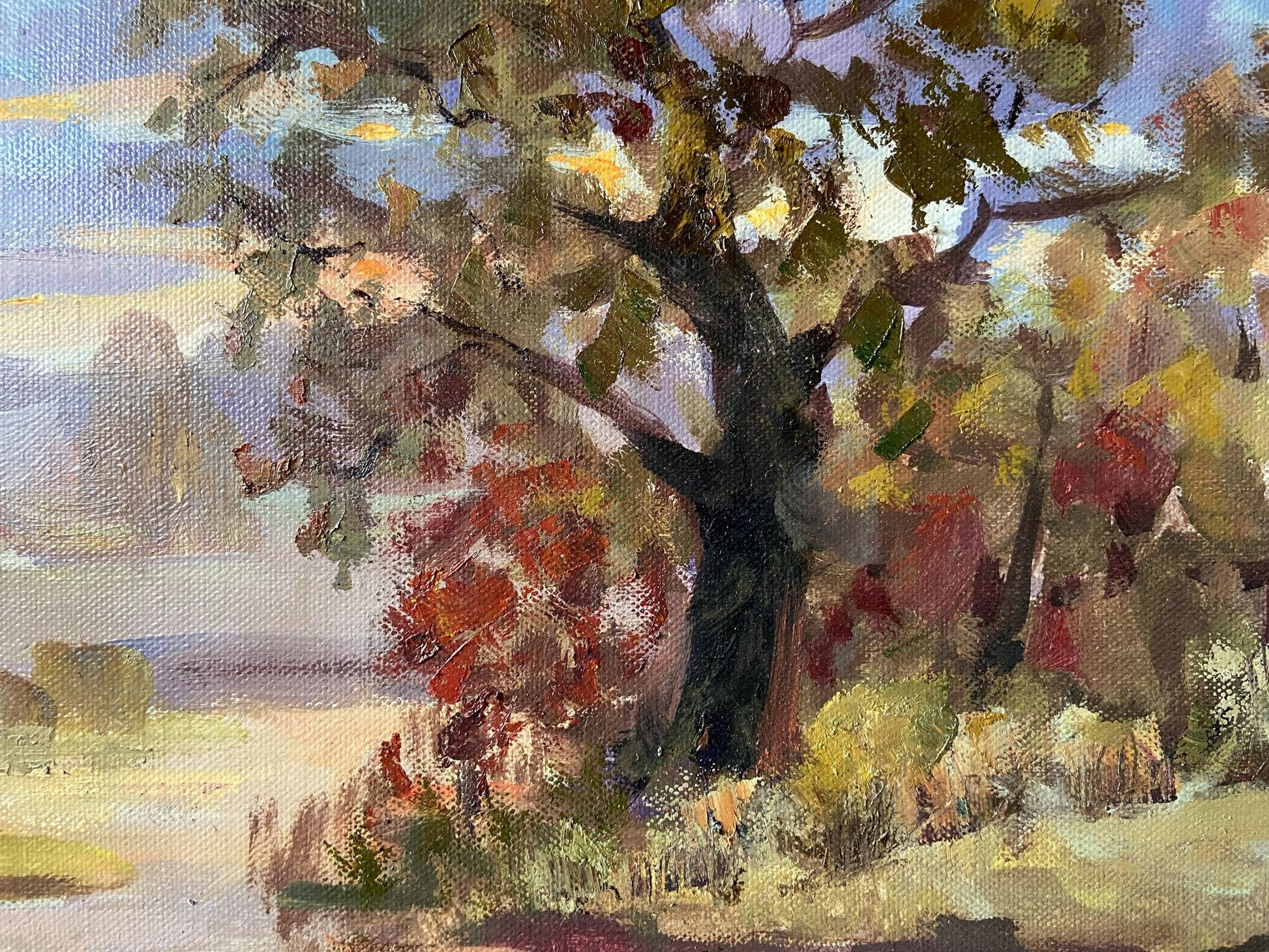 Oil painting Autumn evening by Gaponchenko Ivan Ivanovich, textured tree in autumn hues