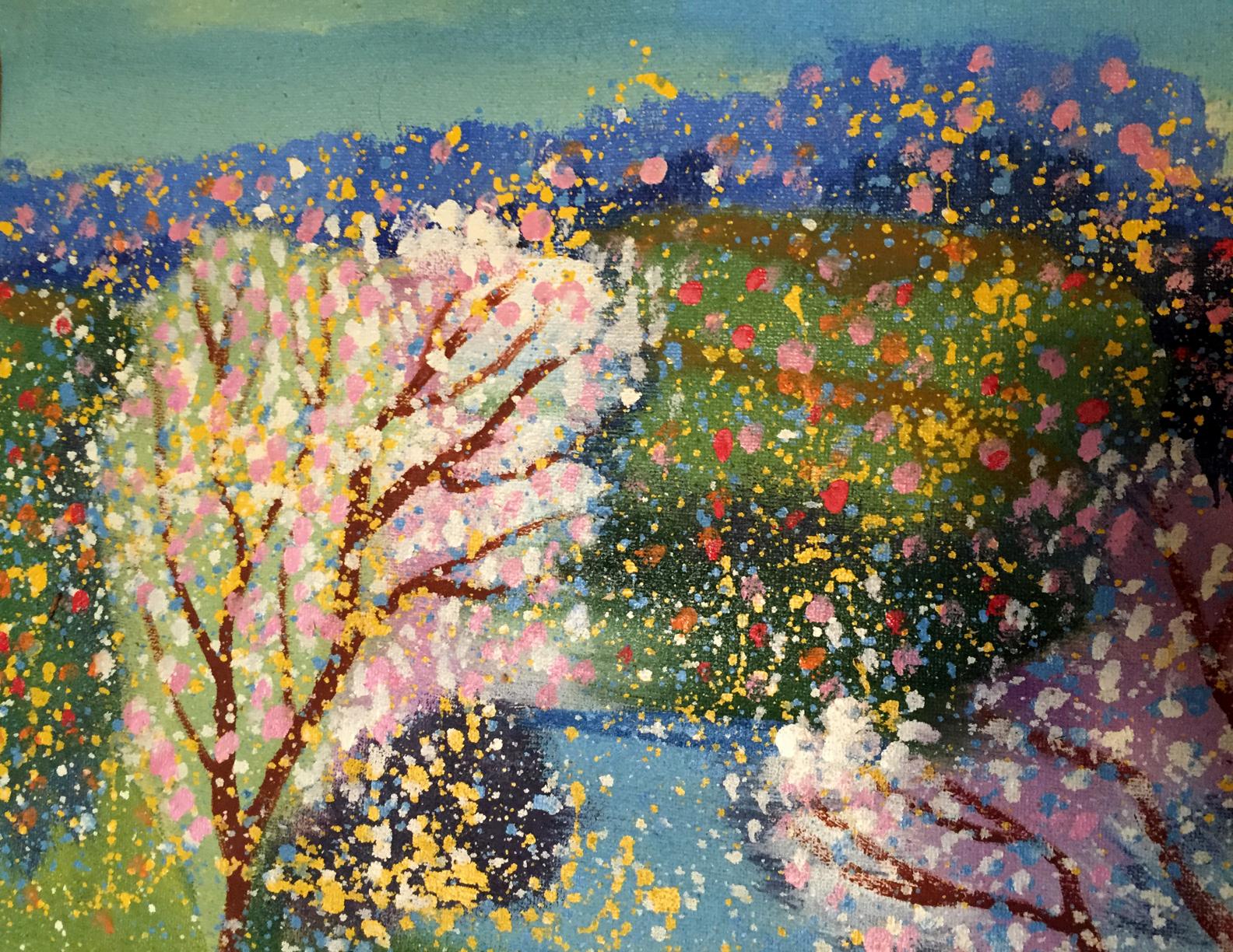 Oil painting Pavasaris by Danne Eric Edmundovich with pink blossoming trees