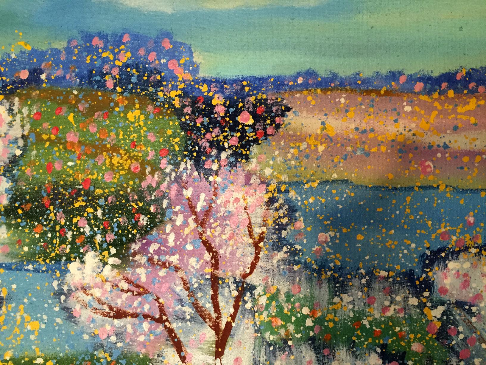 Oil painting Pavasaris by Danne Eric Edmundovich: pink tree in watercolor landscape