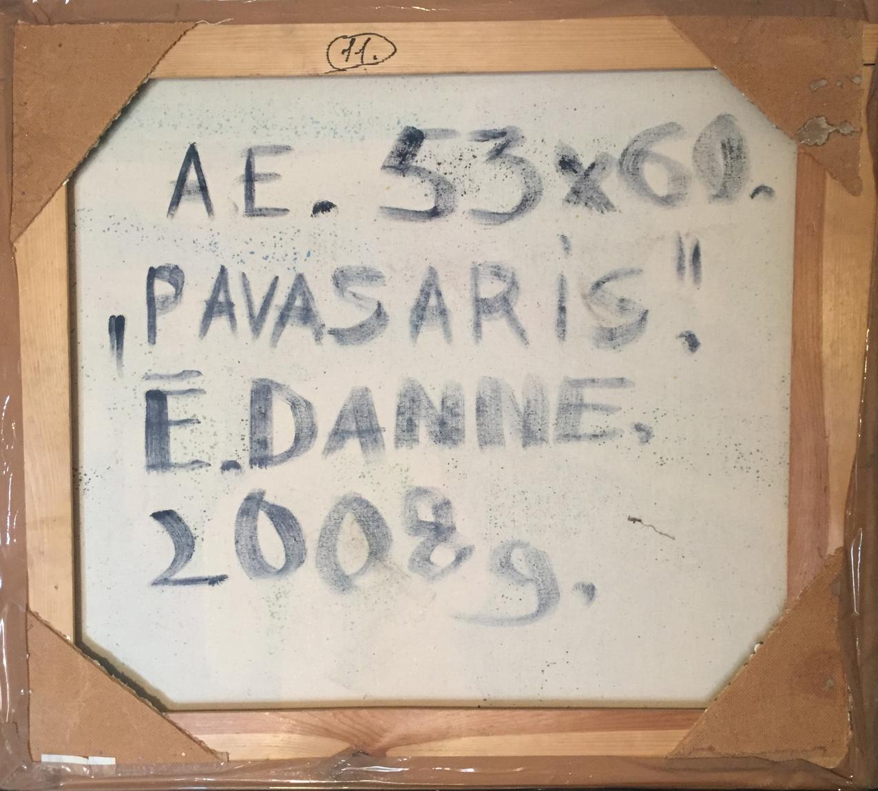 Back of Oil painting Pavasaris Danne Eric Edmundovich with white octagonal label in wooden frame