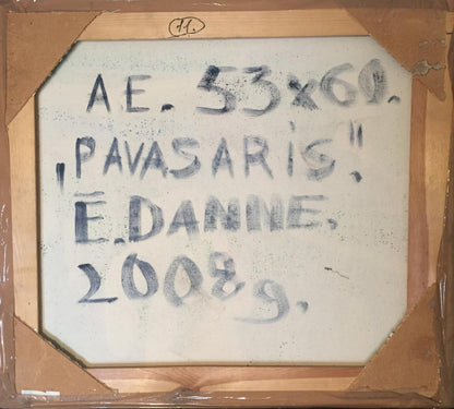 Back of Oil painting Pavasaris Danne Eric Edmundovich with white octagonal label in wooden frame