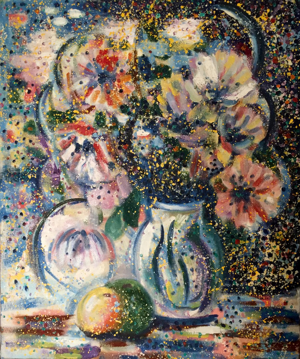 Oil painting Ziedi Danne Eric Edmundovich: vibrant vase with swirling blue-white patterns and colorful bouquet