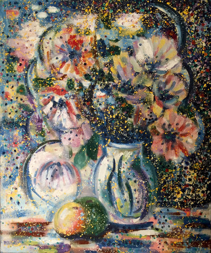 Oil painting Ziedi Danne Eric Edmundovich: vibrant vase with swirling blue-white patterns and colorful bouquet