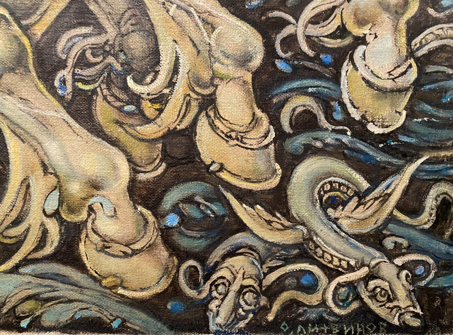 Oil painting Neptune and Amphitrite by Litvinov Oleg Arkad’yevich, abstract beige blue swirls