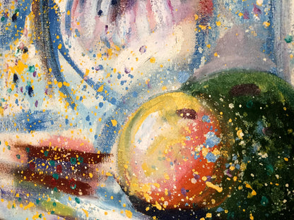 Vibrant acrylic painting of round yellow-red fruit by Ziedi Danne Eric Edmundovich