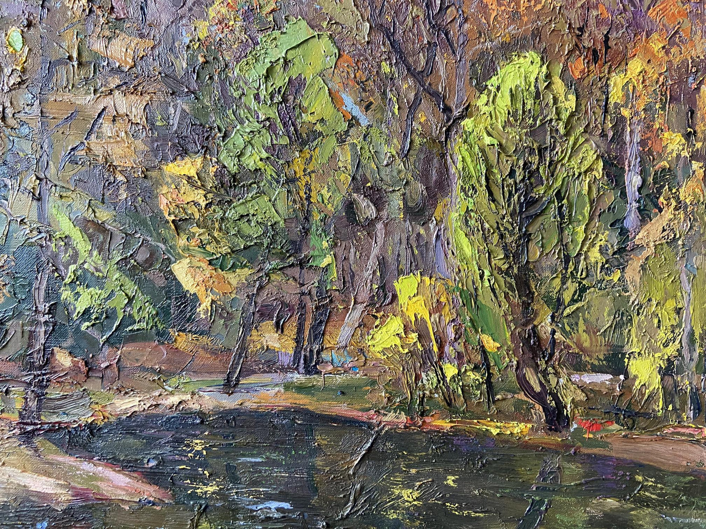 Impasto oil painting by Gaponchenko Ivan Ivanovich: autumn forest by water