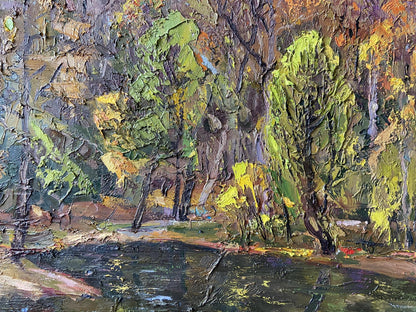 Impasto oil painting by Gaponchenko Ivan Ivanovich: autumn forest by water