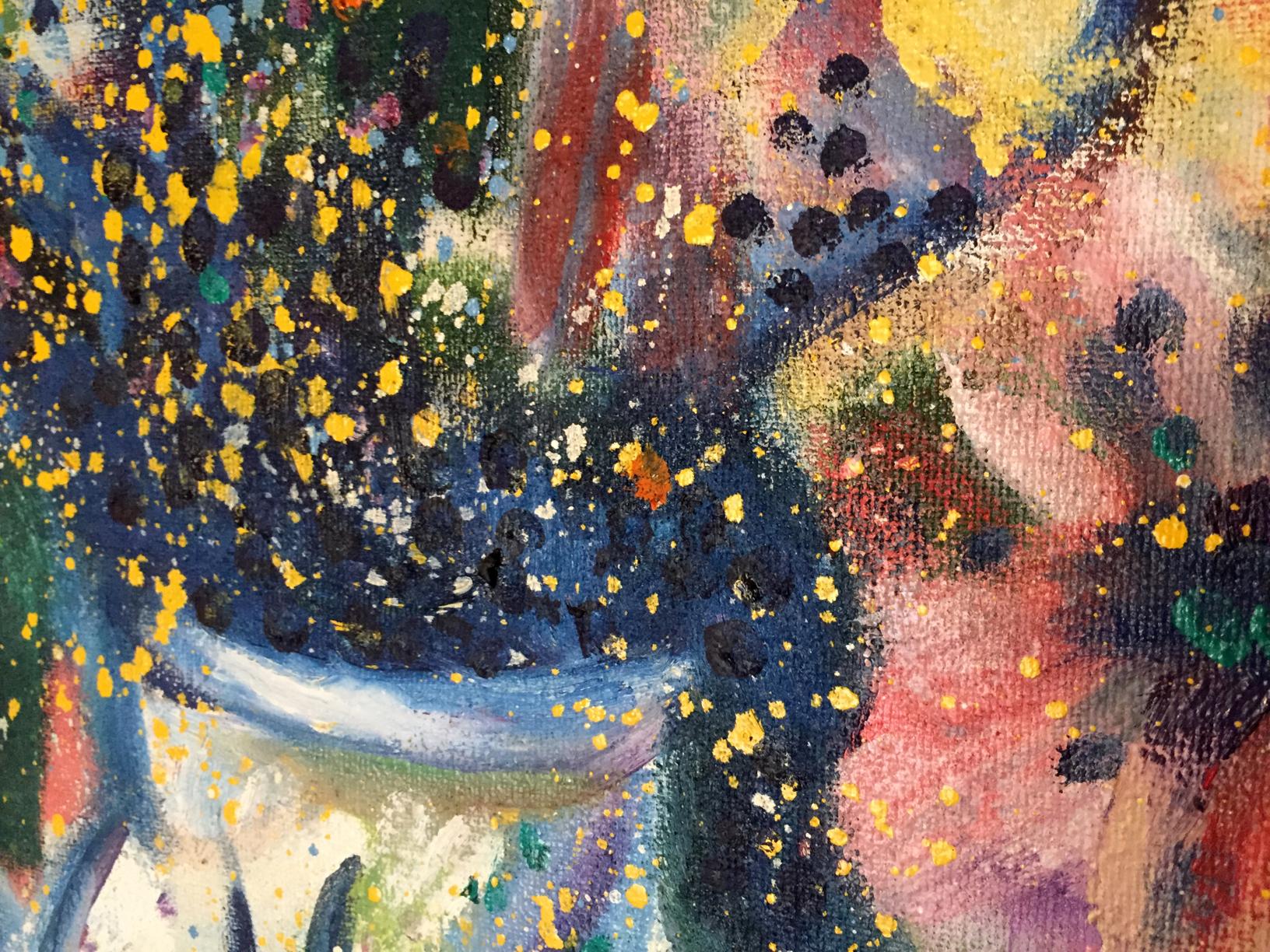 Oil painting Ziedi Danne Eric Edmundovich: vibrant blue white vase with paint splatters
