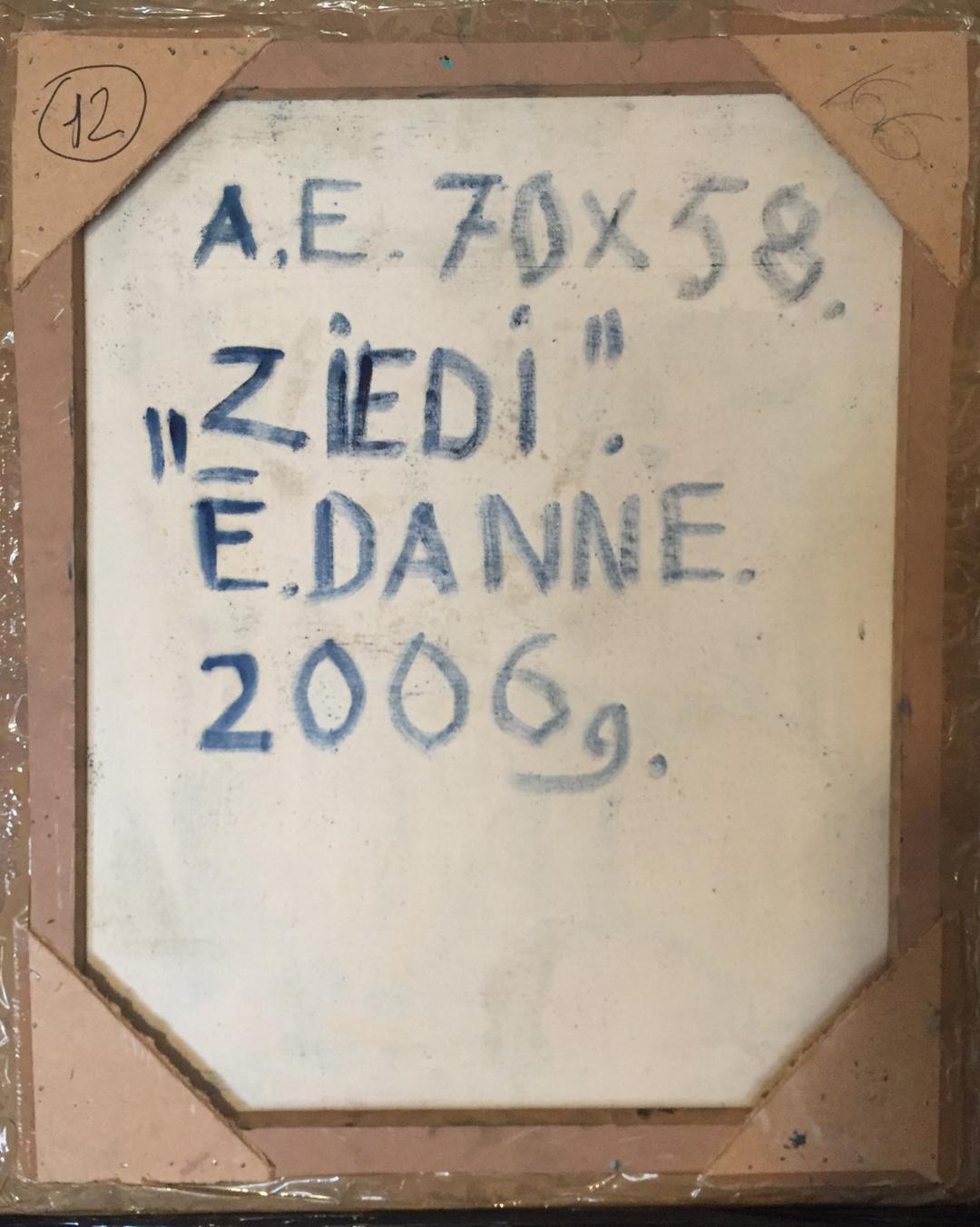 White octagonal canvas back with blue a.e. text Oil painting Ziedi Danne Eric Edmundovich