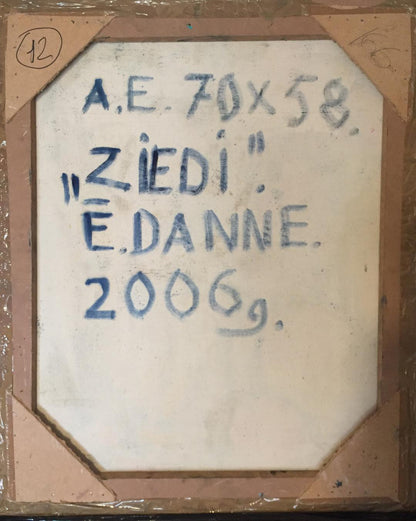 White octagonal canvas back with blue a.e. text Oil painting Ziedi Danne Eric Edmundovich