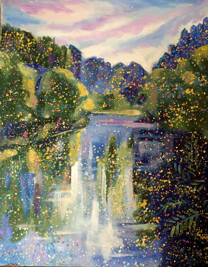 Oil painting Golose Danne Eric Edmundovich: vibrant waterfall in lush greenery