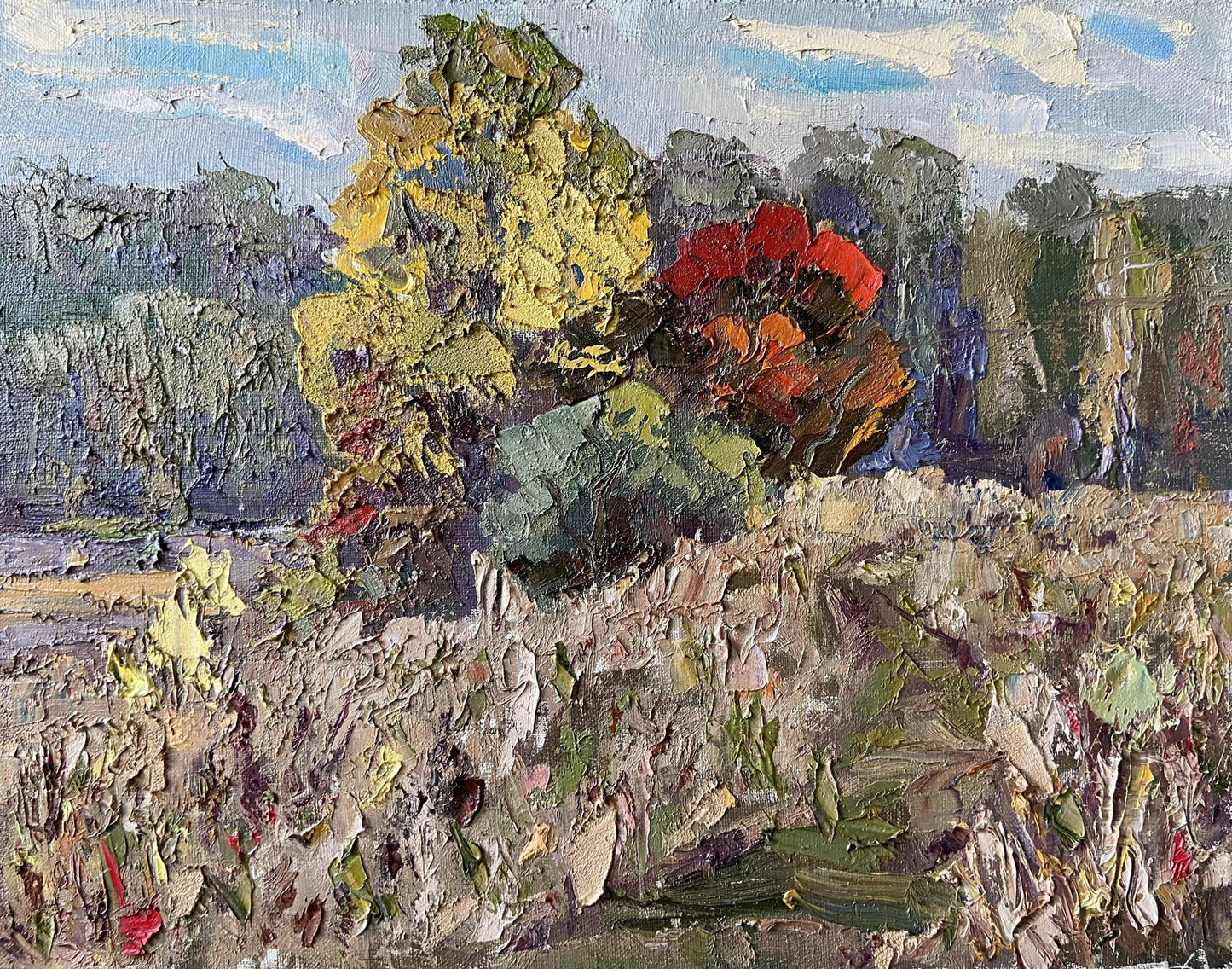 Oil painting Early autumn by Gaponchenko Ivan Ivanovich, vibrant red flower bush