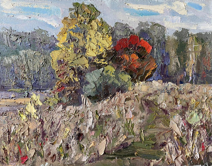 Oil painting Early autumn by Gaponchenko Ivan Ivanovich, vibrant red flower bush