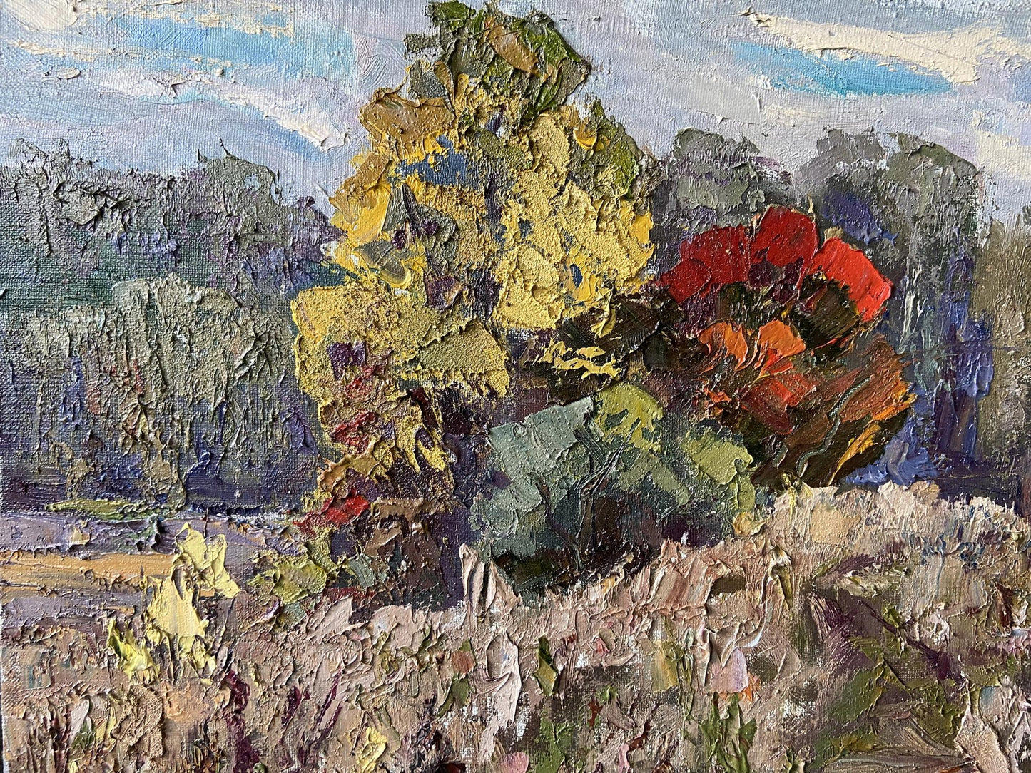 Oil Oil painting Early autumn by Gaponchenko Ivan Ivanovich, vibrant yellow red flowers