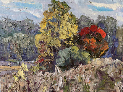 Oil Oil painting Early autumn by Gaponchenko Ivan Ivanovich, vibrant yellow red flowers