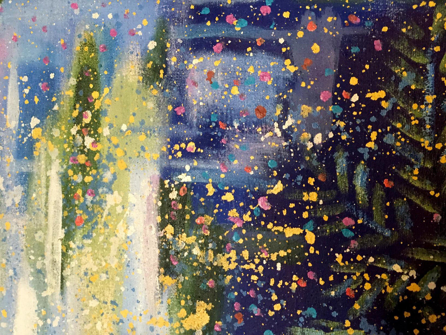 Oil painting Golose Danne Eric Edmundovich with vibrant yellow pink teal splatters