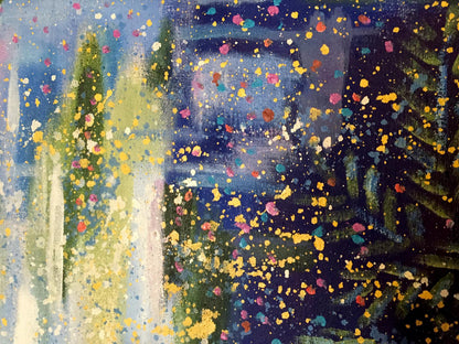 Oil painting Golose Danne Eric Edmundovich with vibrant yellow pink teal splatters