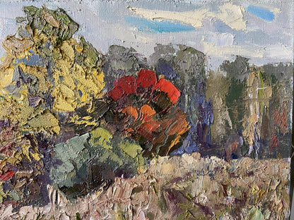 Oil painting Early autumn by Gaponchenko Ivan Ivanovich: vibrant red poppy in foliage