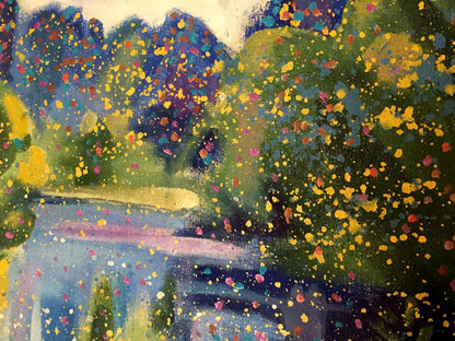 Oil painting Golose Danne Eric Edmundovich with lush green trees and colorful speckles