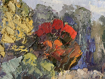 Vibrant red poppy in impasto oil painting Early autumn by Gaponchenko Ivan Ivanovich