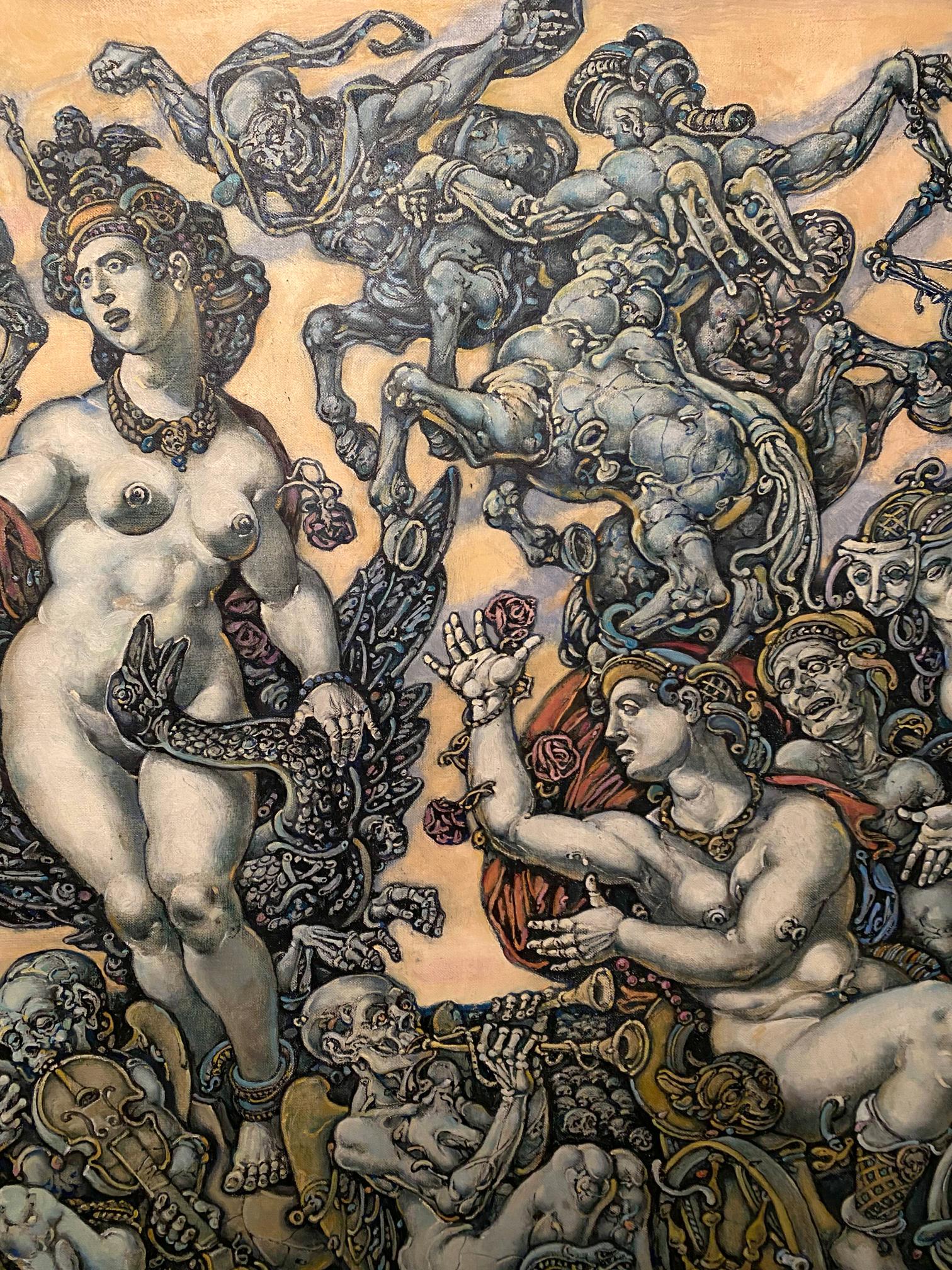 Oil painting Apotheosis of Leda by Litvinov Oleg Arkad’yevich, surreal nude figure with creatures