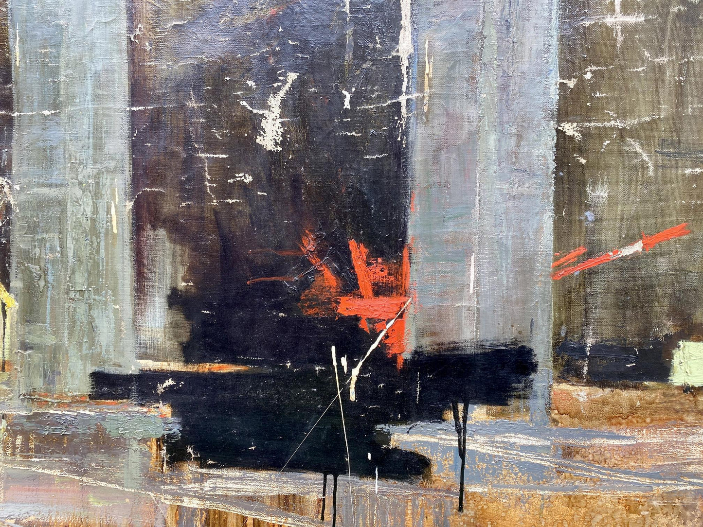 Oil painting Monument by Vladimir Vasilievich Korsun, abstract gray black strokes orange accents