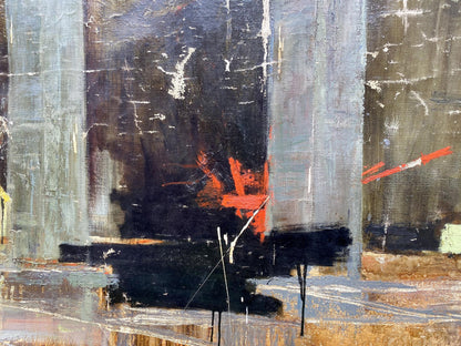 Oil painting Monument by Vladimir Vasilievich Korsun, abstract gray black strokes orange accents